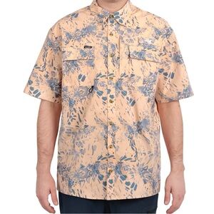 Casual Short Sleeve Button Down Fishing Shirt Tropical Peach